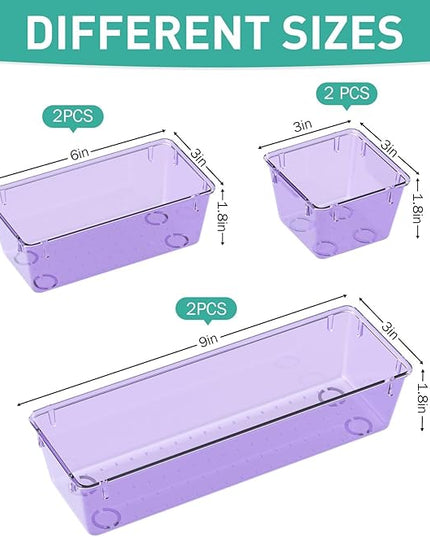 WOWBOX 6 Pack Clear Drawer Organizer Set, Acrylic Drawer Storage Trays, Storage Bins for Makeup, Cosmetics, Jewelries, Utensils, Gadgets, Office, Purple