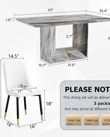 Dinner Table Set for 4, 5 Piece Dining Table Set with Chairs, 63" Faux Marble Modern Table with 4 PU Leather Upholstered Chairs, for Kitchen & Dining Room