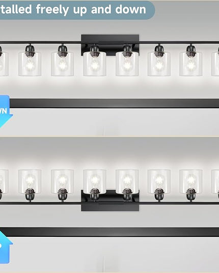 Modern 8 Light Bathroom Light Fixtures, 52 inch Vanity Lights for Bathroom with Clear Glass, Black Bathroom Light Fixture for Mirror Kitchen Living Room Hallway Cabinet Porch