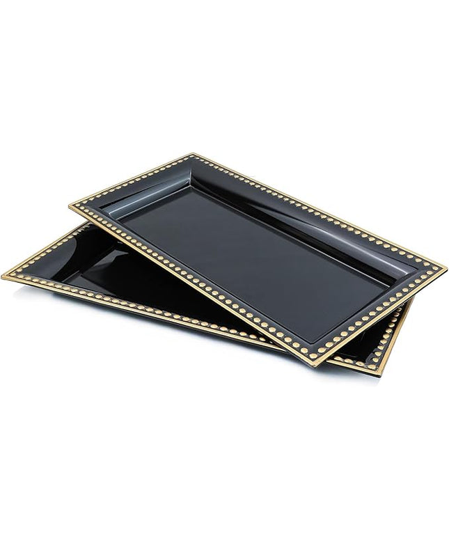 2 Pack Black Bathroom Vanity Tray for Countertop with Beads, Small Plastic Toilet Tank Versatile Storage Organization Tray for Makeup, Perfume, Desk, Kitchen, Candles, 14"x7"x1", 36B