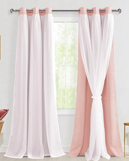 Hiasan Pink Blackout Curtains with Sheer Overlay Thermal Insulated Mix & Match Double Layer Room Darkening Window Curtains for Bedroom Living Room Nursery 2 Panels with Tiebacks (42W X 96L,Blush Pink)