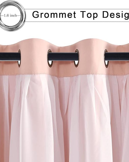 Hiasan Pink Blackout Curtains with Sheer Overlay Thermal Insulated Mix & Match Double Layer Room Darkening Window Curtains for Bedroom Living Room Nursery 2 Panels with Tiebacks(42W X 63L,Blush Pink)