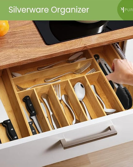 Bamboo Drawer Organizer, 2 Pack - Expandable Silverware Organizer & Utensil Drawer Organizer, Cutlery Tray with Dividers, 7-9 Slots - Premium Kitchen Organizer for Utensils & Flatware (Natural)