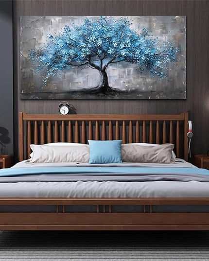 FUHAIHUA Canvas Wall Decor For Bedroom Large Wall Art For Living Room Office Decortions Black And White Paintings Blue Trees Wall Pictures Framed Mural Aesthetic Home Decor Posters Artwork 24x48 In