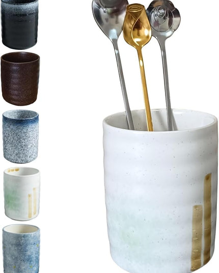 Stoneware Coffee Bar Utensil Holder Tea & Coffee Spoon & Stirrer Holder for Stir Stick Straw Teaspoon Holder Spoon Cup Small Utensil Jar (Spring Sprout)