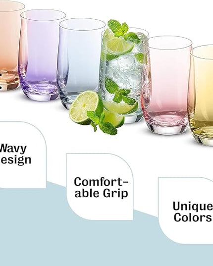 BENETI Premium Glass Cups, Highball Drinking Glasses Set of 6 | Made in Europe Water and Juice Kitchen Glassware | Colored Glasses Set, Perfect for Party's and Gifts for Men and Women of All Ages