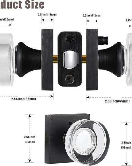 Glass Door Knobs Interior, Pricacy Bedroom Door Knobs with Lock, Square Vintage Style Crystal Door Handles for Bathroom, Oil Rubbed Bronze
