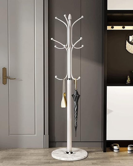 Kertnic Metal Coat Rack Stand with Natural Marble Base, Free Standing Hall Tree with 12 Hooks for Hanging Scarf, Bag, Jacket, Home Entry-way Hat Hanger Organizer (White)