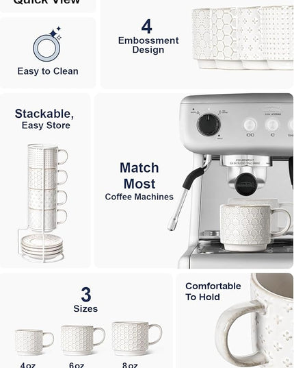 LE TAUCI Stackable Cappuccino Cups 6 oz with Saucers and Stand, Ceramic Embossed Coffee Mugs for Espresso Au Lait, Latte, Cafe, Mocha,Tea, Dishwasher Oven Safe - Set of 4, Arctic white