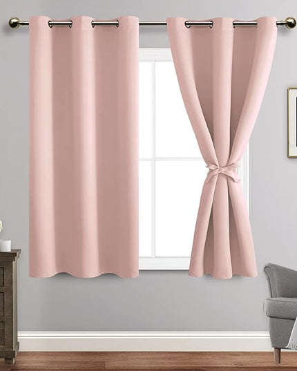 JIUZHEN Blackout Curtains with Tiebacks - Thermal Insulated, Light Blocking and Noise Reducing Grommet Curtain Drapes for Bedroom and Living Room, Set of 2 Panels, 42 x 45 Inch Length, Blush Pink