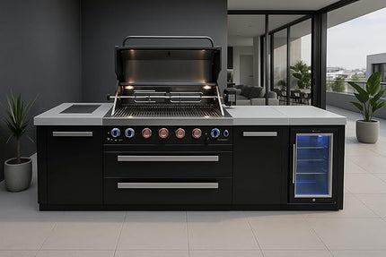 Mont Alpi MAi805-BSSFCXL 6-Burner 115000 BTU Black Stainless Steel Island Outdoor Kitchen BBQ Gas Grill + Fridge Cabinet + Granite Countertops + + Grill Cover + 25" Right Extra Storage Cabinet