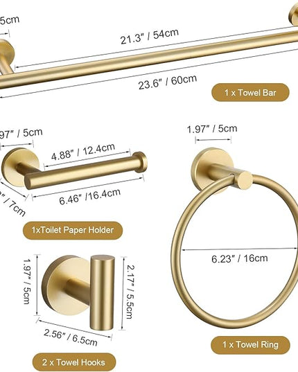 TURS Brushed Gold 5 Piece Bathroom Hardware Set, SUS304 Stainless Steel 24 Inch Bath Towel Bar Set, Round Bathroom Accessories Kit Wall Mounted