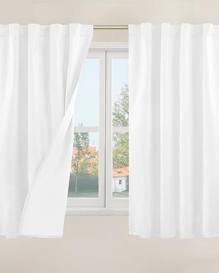 LAMIT 100% Blackout White Linen Curtains 48 Inches Long, Linen Textured Living Room Kitchen Window Curtains Full Room Darkening Back Tab and Rod Pocket Panels with White Liner, 2 Panels, 34 x 48 Inch