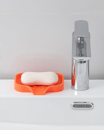 Silicone Bathroom Soap Dishes with Drain Spout-Bathroom and Kitchen Sink Organizer,Sponge Holder,Dish Soap Tray,Perfect for Dispenser,Scrubber,Bottle,Cup on Sink or Counter-Orange 4.9"×3.2"