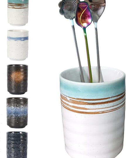 Stoneware Coffee Bar Utensil Holder Tea & Coffee Spoon & Stirrer Holder for Stir Stick Straw Teaspoon Holder Spoon Cup Small Utensil Jar (Coastal beach)