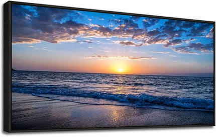 Blue Ocean Framed Wall Decor Living Room Large Size Canvas Wall Art For Bedroom Boho Home Decor Sea Beach Canvas Pictures Artwork Sunny Sea View Painting Office Wall Decorations Black Framed 24" X 48"