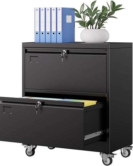 METAN Upgrade 2 Drawers Lateral File Cabinet on Wheels,Steel Office Filing Storage Cabinet with 2 Locks,Assembly Required,Black