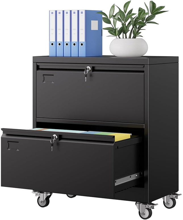 METAN Upgrade 2 Drawers Lateral File Cabinet on Wheels,Steel Office Filing Storage Cabinet with 2 Locks,Assembly Required,Black