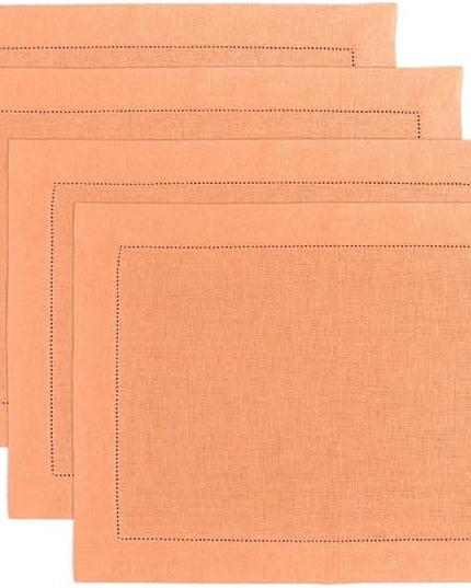 Solino Home Linen Cloth Placemats Set of 4-100% Pure Linen Hemstitch Coral Placemats 14 x 19 Inch - Classic Hemstitch Table Place Mats