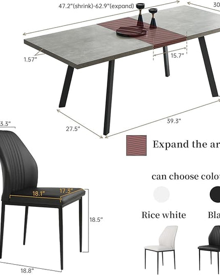 47.2"- 62.9" Extendable Dining Table Set for 4, Modern Kitchen Table with Dining Chairs for 4-6 Person, Thickened Expandable MDF Wooden Table with Metal Legs for Dining Room, Kitchen, Living Room