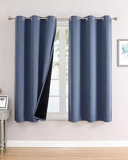 ChrisDowa 100% Blackout Curtains for Bedroom with Black Liner, 2 Thick Layers Total Blackout Thermal Insulated Grommet Window Curtains 2 Panels Set (Stone Blue, 42 x 63 Inch)