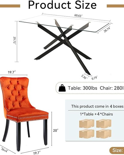Modern 5-Piece Glass Dining Table Set for 4, Modern 60" Rectangle Black Glass Dining Room Table Set with Orange Velvet Tufted Chairs Wood Legs for Kitchen Dining Room