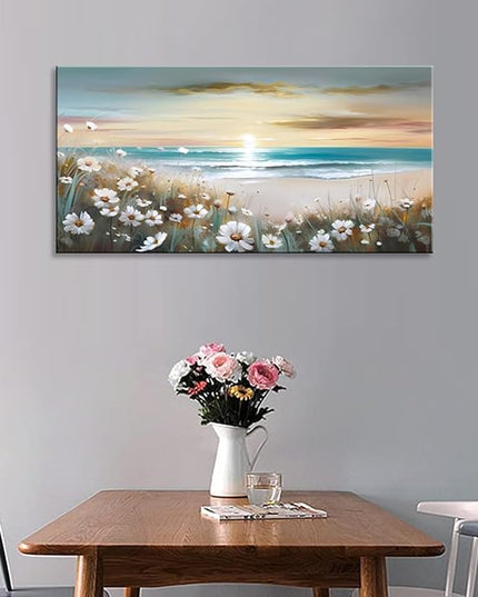 LKY ART Sunset Beach Wall Art Canvas White Flowers Canvas Prints Home Decor Painting for Living Room Bedroom Office Seascape Natural Landscape Wall Decor Ready to Hang