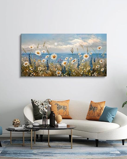 Wapluam Large Canvas Wall Art for Living Room Blue Ocean Wall Decor For Bedroom Bathroom Decoration Natural Seascape Painting Modern Office Wildflowers Artwork Pictures Home Decor Ready To Hang