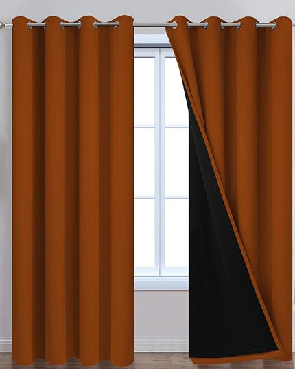 Yakamok Orange 100% Blackout Curtains, Total Blackout Lined Curtain Panels for Bedroom, 2 Thick Layers Grommet Top Thermal Insulated Blackout Drapes for Living Room(52Wx96L, Burnt Orange, 2 Panels)