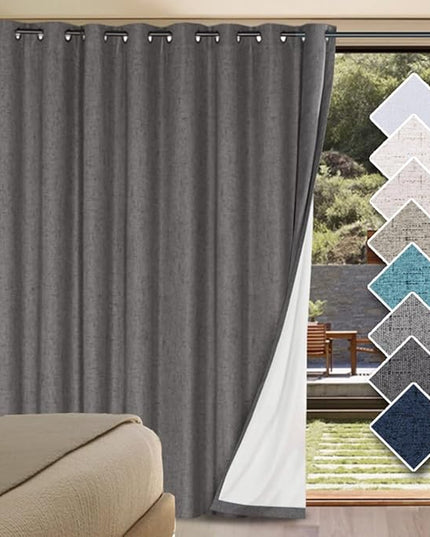 H.VERSAILTEX Linen Blackout Curtains Durable Thick Textured Linen Look 100% Blackout Patio Door Curtain Anti Rust Grommet Extra Wide Sliding Door Curtain Panel, W100 x L84 inch - Grey