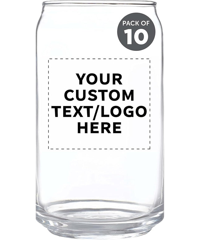 Custom Beer Can Glasses Set of 10, 16 oz. Pint Sized, Promotional Text, Logo, Soda Can Shape, Glassware, Clear