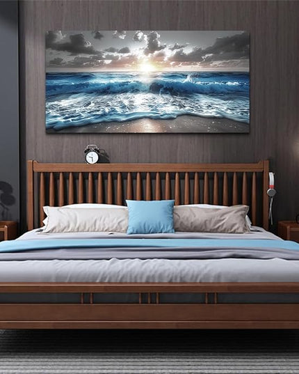hyidecorart Canvas Wall Decor For Office Large Wall Art For Living Room Blue Beach Painting Sea Waves Sunshine Wall Pictures Bedroom Home Decorations Prints Posters Mural Artwork Ready To Hang