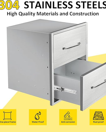 Outdoor Kitchen Drawers 18" W x 21" H x 18" D Flush Mount Double BBQ Drawers with Chrome Handle Stainless Steel Drawer for Outdoor Kitchen Island, Patio Grill Station