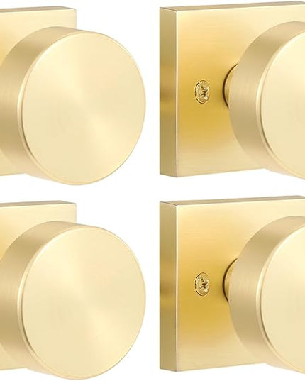 4 Pack Gold Dummy Door Knobs Interior, Brushed Brass Dummy Door Knobs for Closet Doors and Bifold Doors, Heavy Duty Modern Square Dummy Door Handle, Satin Brass