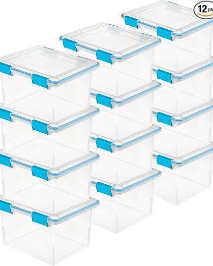Sterilite 12-Pack Gasket Box, Weather-Resistant Storage Bins with Latching Lids, 32 Quart - Heavy-Duty Organizing Containers for Closet, Bathroom, and Office