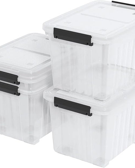 Obstnny 50 L Clear Plastic Storage Bins with Wheels, Large Lidded Organizer Boxes, 4 Pack
