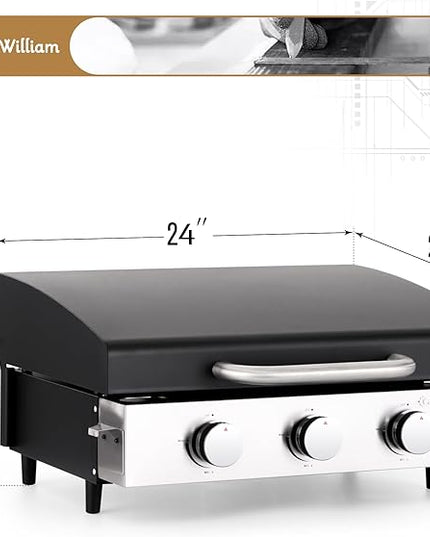 Sophia & William 22" Flat Top Grill with Lid & Ceramic Coated Cast Iron Pan, 3-Burner Portable Tabletop Gas Propane Griddle for Outdoor, BBQ, Camping & Tailgating Barbecue, 24,000 BTU