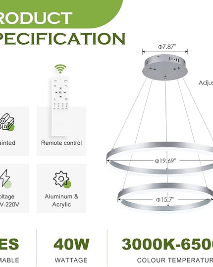 2-Rings Modern LED Chandelier Silver for Dining Room, Circular Flush Mount Ceiling Chandelier Light Dimmable Pendant Light with Remote Control for Living Room Entrance Foyer, 3000K-6500K