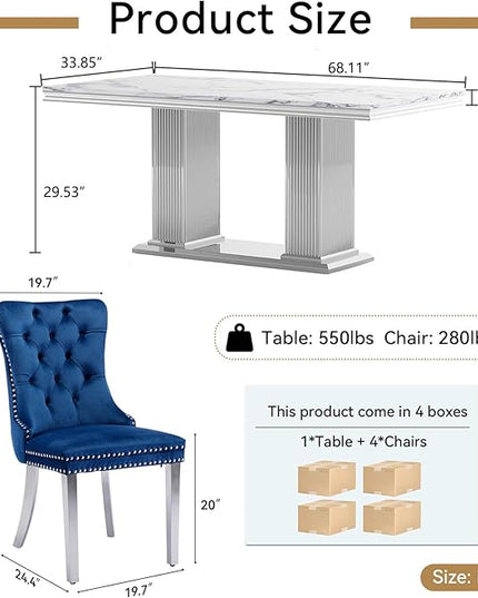 HomVent 68.11'' Faux Marble Dining Table Set for 4, Modern Rectangle Kitchen Table with Stainless Steel Base (Silver Table with 4 Blue Chairs, 5 Pieces)