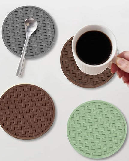 Brown Round Silicone Coasters with Holder, Heat Resistant & Waterproof Cup Mats, 4 Inches Non-Slip Decorative Coster Set 6 Packs for Home, Office, Kitchen, Coffee Bar Table