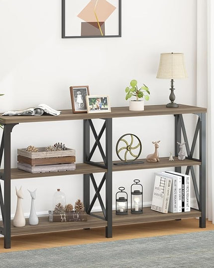 LVB Rustic Console Table, Wood Metal Entryway Table Behind Couch, Industrial Sofa Table with 3 Tier Storage Shelf, Modern Wooden Foyer Hallway Table for Entry Living Room Bedroom, Rustic Oak, 47 Inch