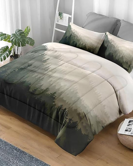 Comforter Set King Size, Mountain Pine Tree Forest 3 Pcs Soft Bedding Set for Kids and Adults Natural Landscape Comforter Set with 2 Pillowcases for Bedroom Bed Decor