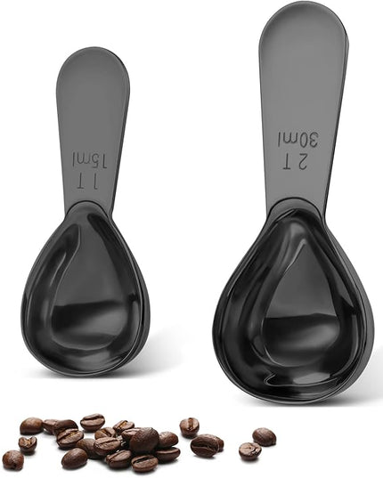 Stainless steel coffee scoop 2-piece set (1 tbsp, 2 tbsp) durable Tablespoon, ergonomic measuring spoon, Suitable for small and large jars，short-handled spoon (Black)
