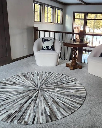 Premium Cowhide Leather Round Area Rug, Hand Made House Carpet for Living Room, Bedroom, Entryway, Stripes Patterned, Color: Grey, Size: 8X8 ft