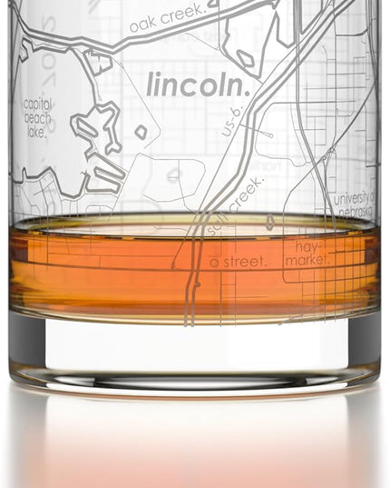 Well Told Engraved Lincoln Nebraska Map Rocks Glass, Old Fashioned Glassware (11 oz, Clear) Etched Bourbon Tumbler, Gifts For Whiskey Lovers