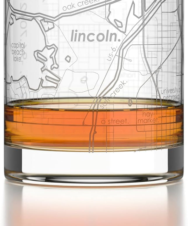 Well Told Engraved Lincoln Nebraska Map Rocks Glass, Old Fashioned Glassware (11 oz, Clear) Etched Bourbon Tumbler, Gifts For Whiskey Lovers
