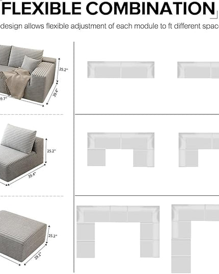 139.4" Modular Sectional Sofa Couch, Oversized U-Shaped Minimalist Couches with 2 Ottomans Chaise and 2 Middle Seats, Modern Deep Seat Cloud Plush Corduroy Sofas Set for Living Room, 8 Seater, Grey