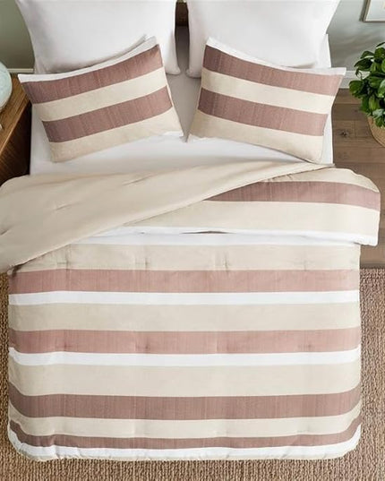Queen Comforter Set, 3 Pieces Striped Bed Set, Soft Brushed Microfiber Reversible Bedding Set for All Season, Lightweight & Breathable Bedding Set with Comforter & Shams, Terracotta