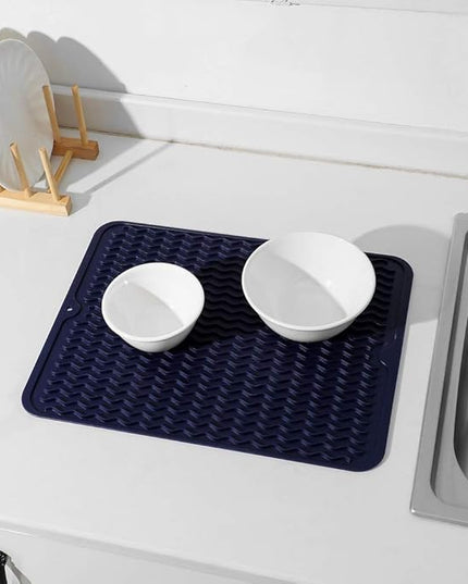 Silicone Dish Drying Mat for Multiple Usage,Easy clean,Eco-friendly,Heat-resistant Silicone Mat for Kitchen Counter or Sink,Refrigerator or drawer liner Navy Blue L 16 inches x 12 inches