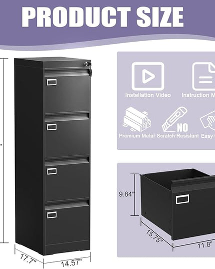 4 Drawer Metal File Cabinet with Lock, Black Lockable Filing Cabinets, Vertical Small File Cabinet with Key, Under Desk Filing Cabinets for Home Office